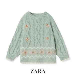 ZARA Kids | Sea Green | JACQUARD CABLE KNIT SWEATER